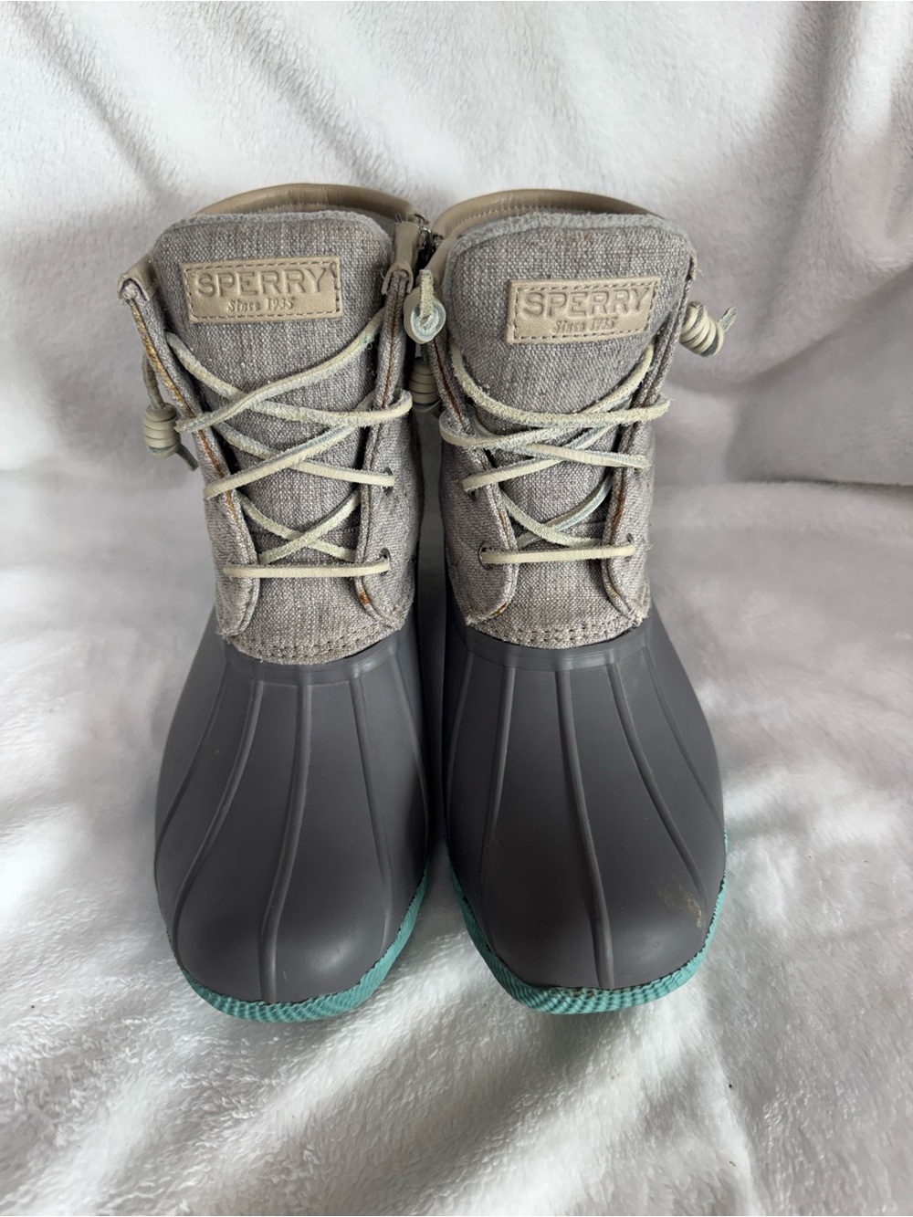 Sperry Gray Duck Boots with Teal Accent